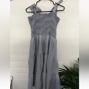 Sklyer Tiered Maxi Dress, Heatherly, womens large, navy checkered pattern dress